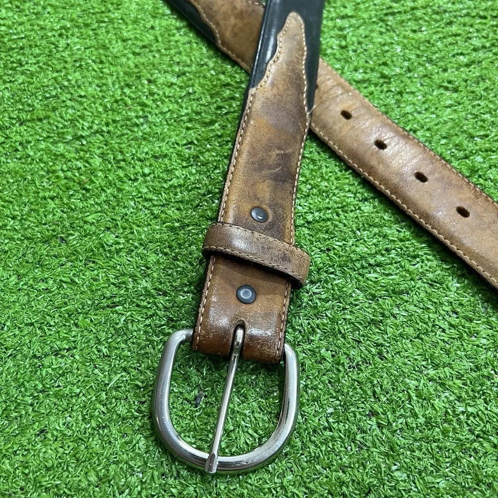 Vintage Silver Creek Leather Belt Size 42 Western Black Brown‎ Silver Buckle